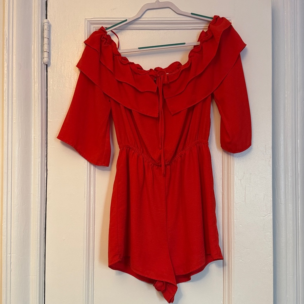 Red Ruffled Off-Shoulder Romper